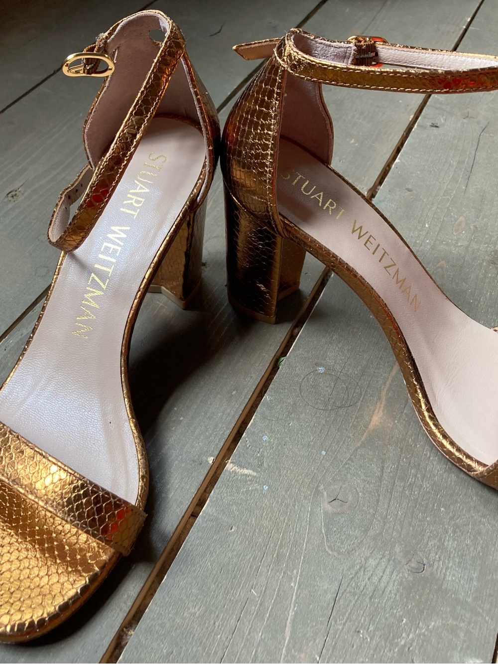 Stuart Weitzman Metallic Copper Ankle-Strap Block Heels